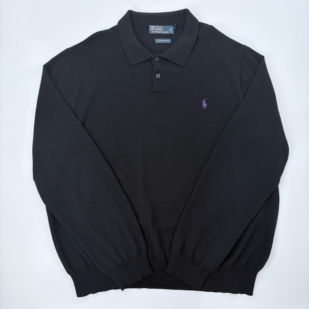 Polo Ralph Lauren Men’s Black Long Sleeve Collared Merino Wool Shirt Sweater